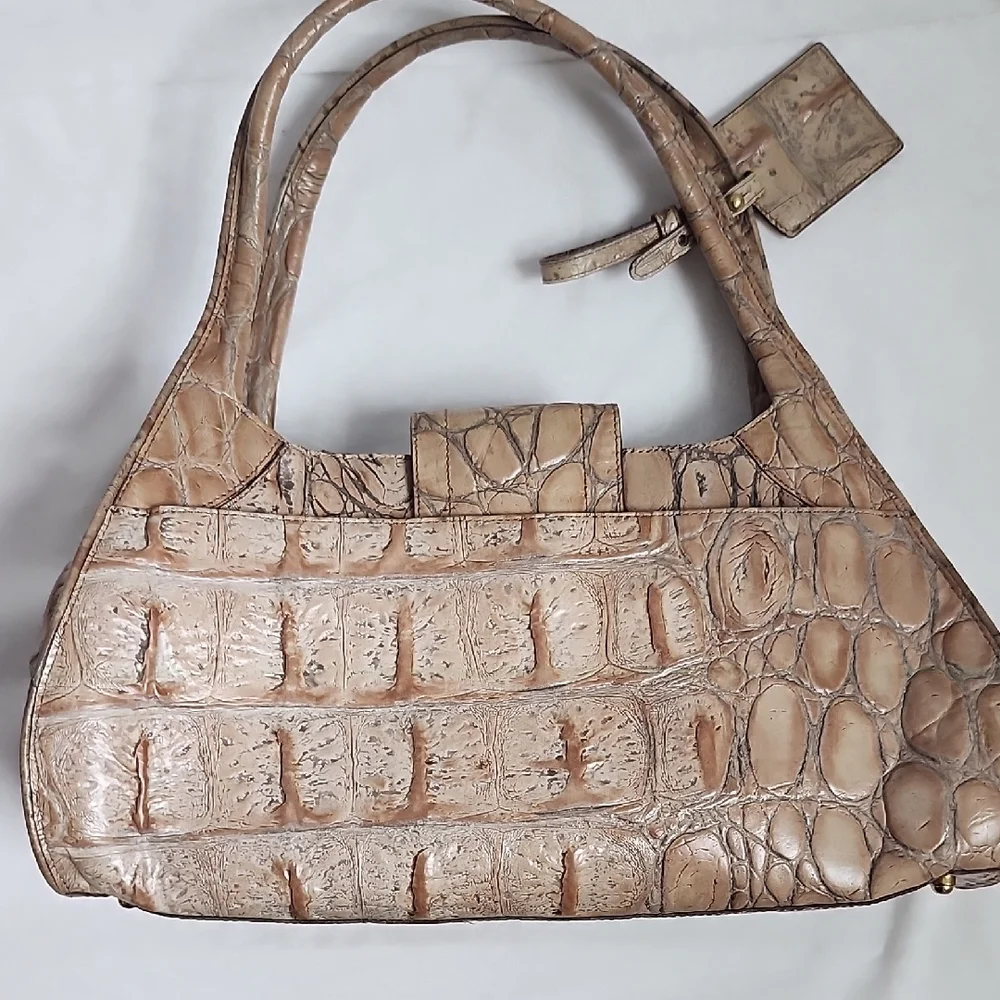 Brahmin Tan Croc-Embossed Leather Shoulder Bag with Goldtone Hardware Medium